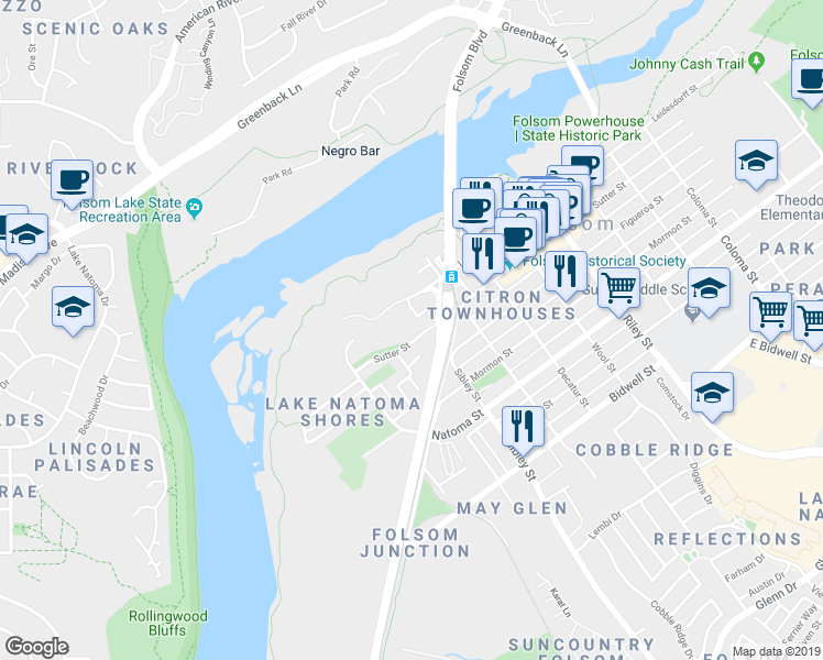 map of restaurants, bars, coffee shops, grocery stores, and more near 1104 Sutter Street in Folsom