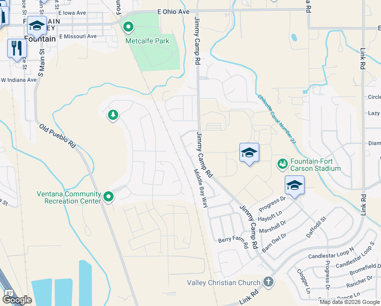 map of restaurants, bars, coffee shops, grocery stores, and more near 7524 Middle Bay Way in Fountain