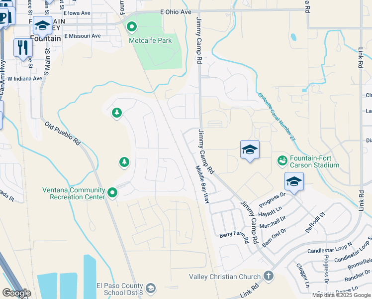 map of restaurants, bars, coffee shops, grocery stores, and more near 7524 Middle Bay Way in Fountain