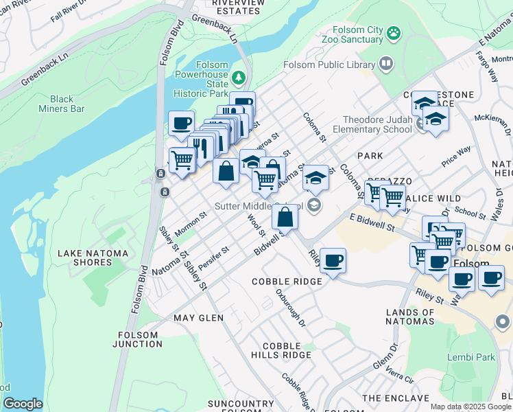 map of restaurants, bars, coffee shops, grocery stores, and more near 709 Natoma Street in Folsom