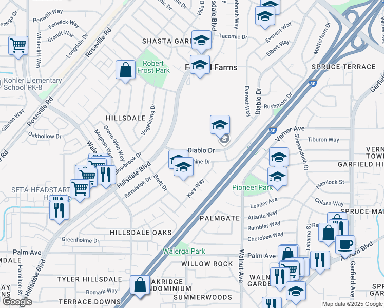 map of restaurants, bars, coffee shops, grocery stores, and more near 5947 Jeanine Drive in Sacramento