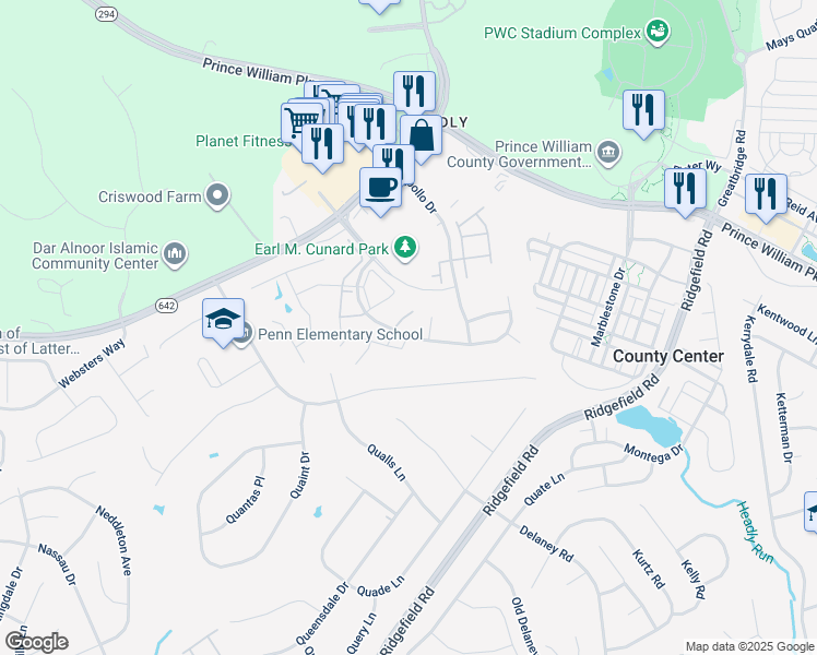 map of restaurants, bars, coffee shops, grocery stores, and more near 5159 Race Pointe Place in Woodbridge