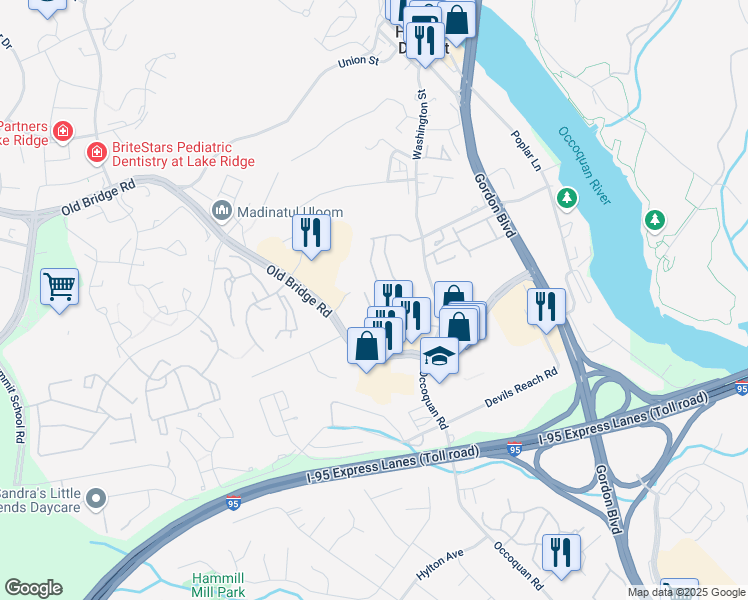 map of restaurants, bars, coffee shops, grocery stores, and more near 1600 Renate Drive in Woodbridge