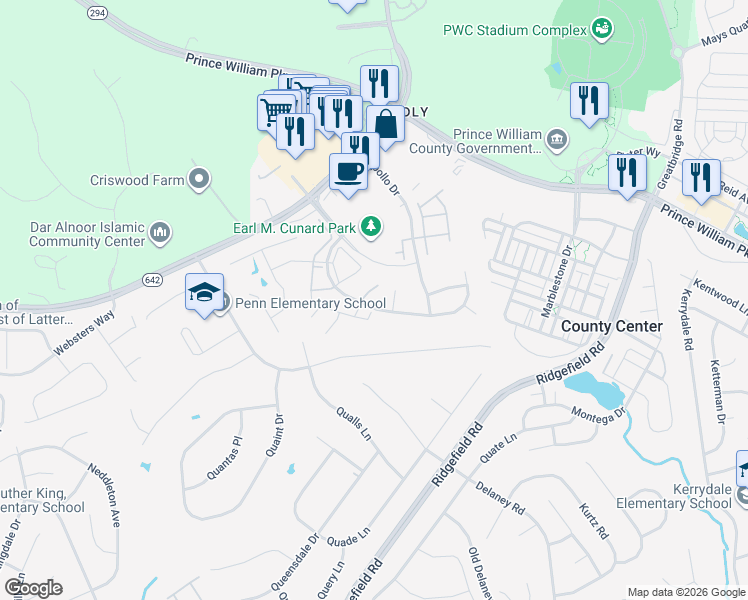 map of restaurants, bars, coffee shops, grocery stores, and more near 5159 Race Pointe Place in Woodbridge