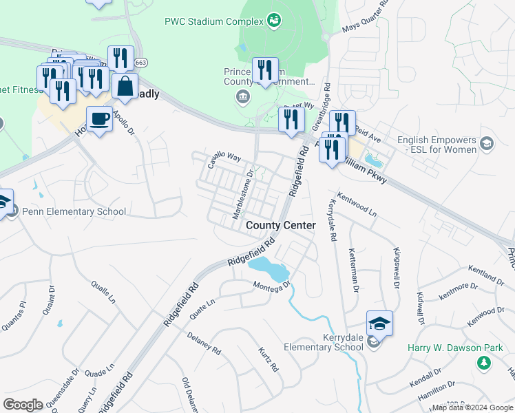 map of restaurants, bars, coffee shops, grocery stores, and more near 13068 Sourwood Way in Woodbridge