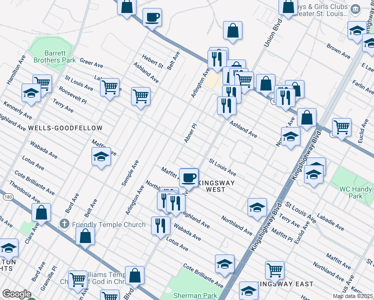 map of restaurants, bars, coffee shops, grocery stores, and more near 5342 Saint Louis Avenue in St. Louis