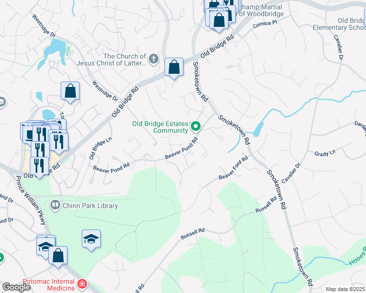 map of restaurants, bars, coffee shops, grocery stores, and more near 3603 Jody Court in Woodbridge