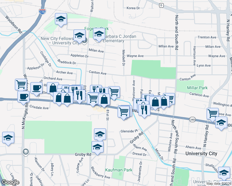 map of restaurants, bars, coffee shops, grocery stores, and more near 8022 Hafner Court in University City