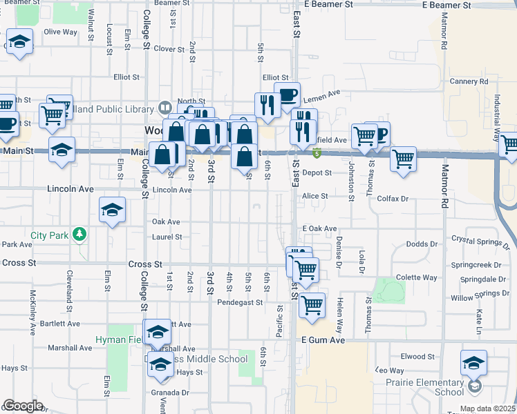 map of restaurants, bars, coffee shops, grocery stores, and more near 1000 Lincoln Avenue in Woodland