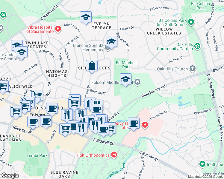 map of restaurants, bars, coffee shops, grocery stores, and more near 197 Briarcliff Drive in Folsom