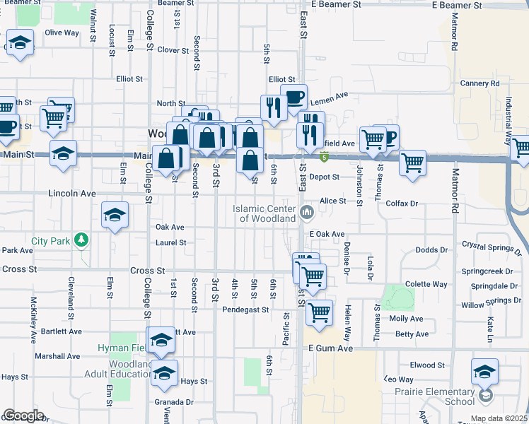 map of restaurants, bars, coffee shops, grocery stores, and more near 1000 Lincoln Avenue in Woodland