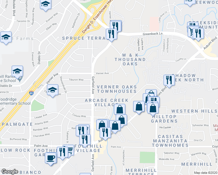 map of restaurants, bars, coffee shops, grocery stores, and more near 5648 Verner Oak Court in Sacramento