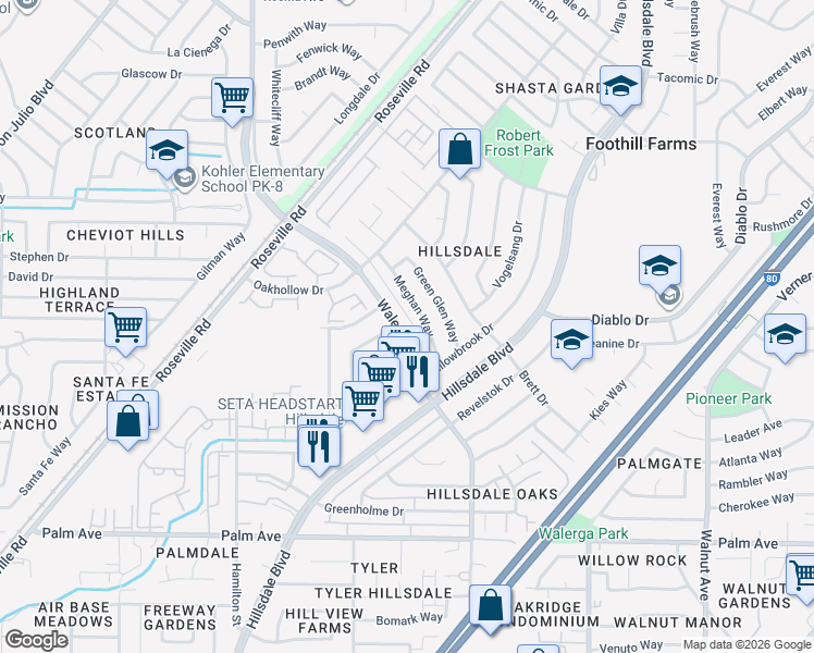 map of restaurants, bars, coffee shops, grocery stores, and more near 5900 Walerga Road in Sacramento