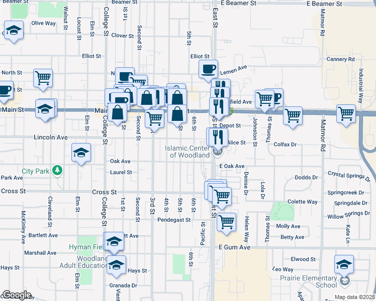 map of restaurants, bars, coffee shops, grocery stores, and more near 525 6th Street in Woodland