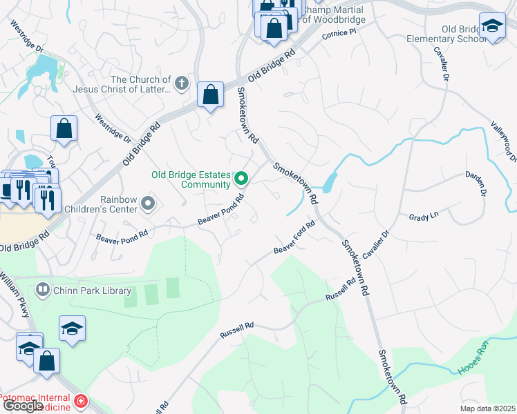 map of restaurants, bars, coffee shops, grocery stores, and more near 3642 Woodhaven Court in Woodbridge