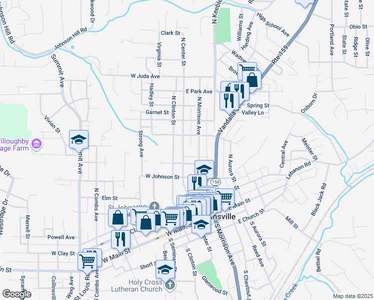 map of restaurants, bars, coffee shops, grocery stores, and more near 413 North Morrison Avenue in Collinsville