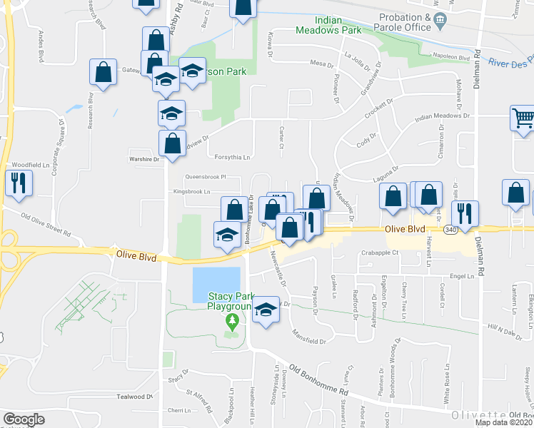 map of restaurants, bars, coffee shops, grocery stores, and more near 1151 Olive Lake Dr in St Louis