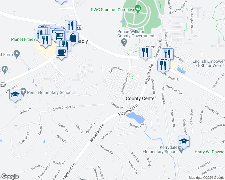 map of restaurants, bars, coffee shops, grocery stores, and more near 5143 Anchorstone Drive in Woodbridge