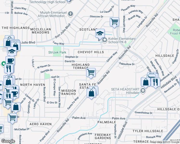 map of restaurants, bars, coffee shops, grocery stores, and more near 6108 Georgia Drive in North Highlands