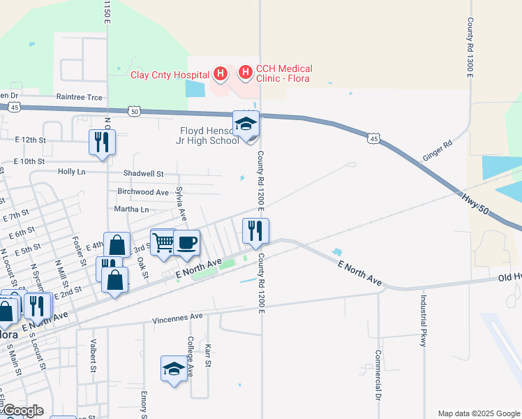 map of restaurants, bars, coffee shops, grocery stores, and more near 100 North Stanford Road in Flora