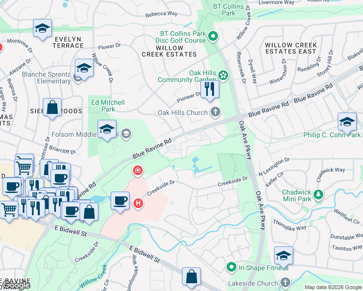 map of restaurants, bars, coffee shops, grocery stores, and more near 1005 Blue Ravine Road in Folsom