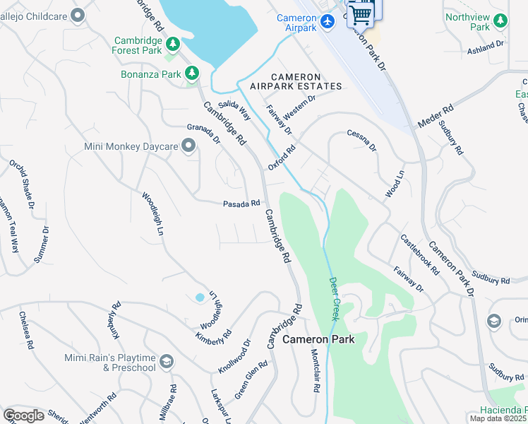 map of restaurants, bars, coffee shops, grocery stores, and more near 3365 Cambridge Road in Cameron Park