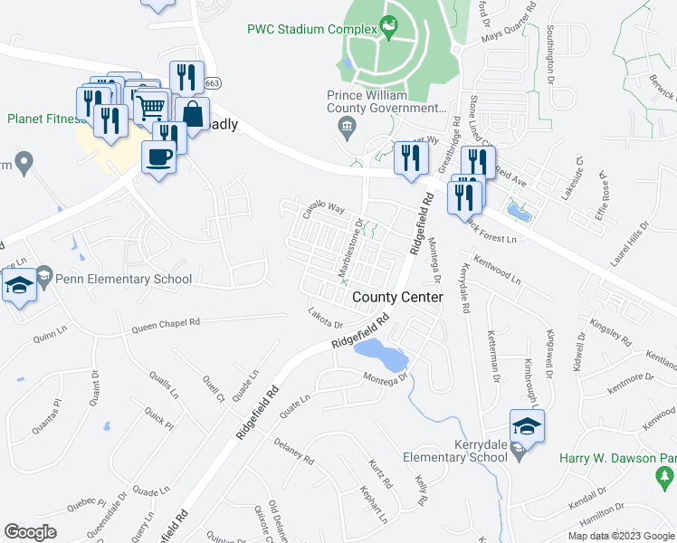 map of restaurants, bars, coffee shops, grocery stores, and more near 12858 Marblestone Drive in Woodbridge