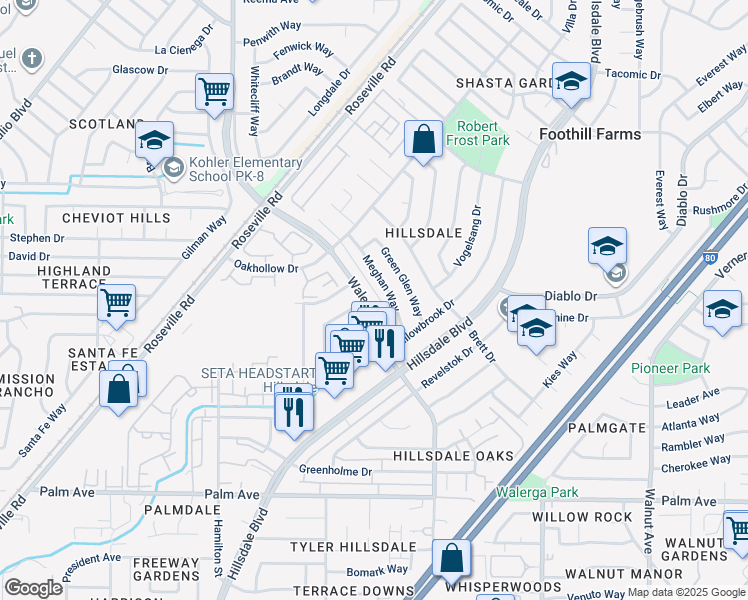 map of restaurants, bars, coffee shops, grocery stores, and more near 5900 Walerga Road in Sacramento