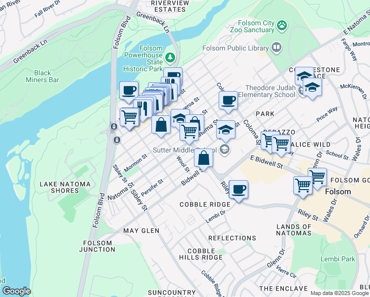 map of restaurants, bars, coffee shops, grocery stores, and more near 709 Natoma Street in Folsom