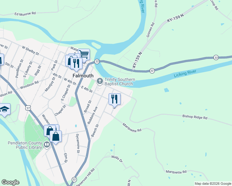 map of restaurants, bars, coffee shops, grocery stores, and more near 301 Licking Street in Falmouth
