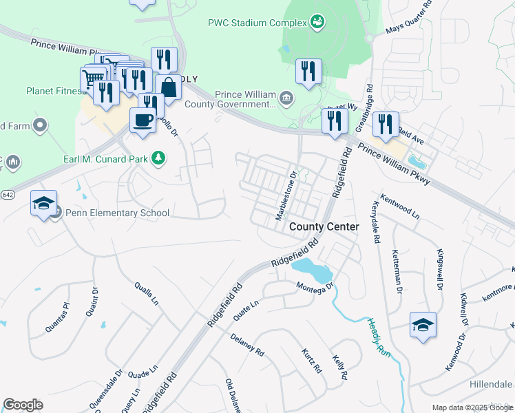 map of restaurants, bars, coffee shops, grocery stores, and more near 5151 Anchorstone Drive in Woodbridge