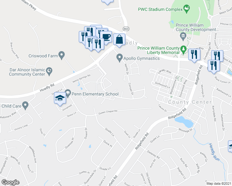 map of restaurants, bars, coffee shops, grocery stores, and more near 5155 Race Pointe Place in Woodbridge