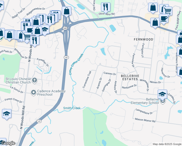 map of restaurants, bars, coffee shops, grocery stores, and more near 744 Turrentine Trail in Creve Coeur