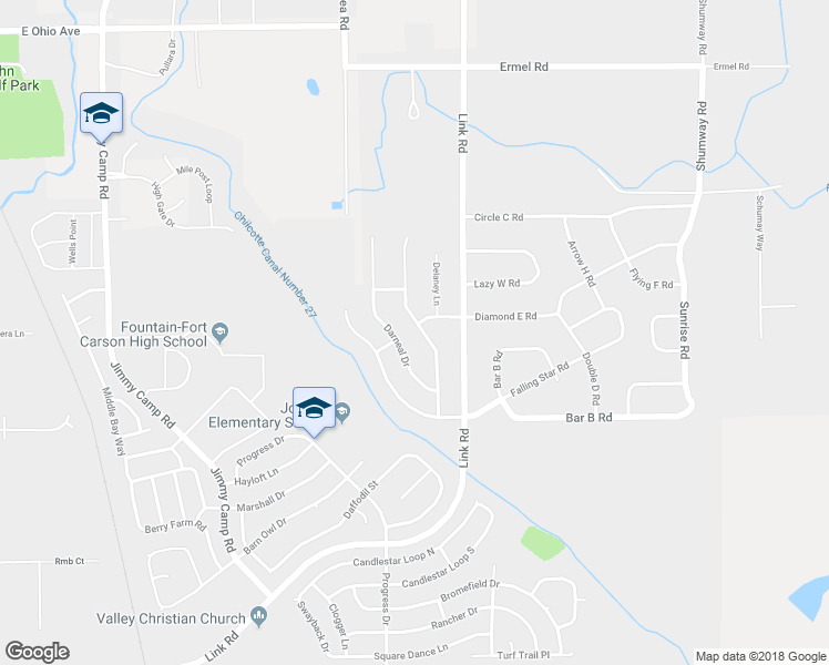 map of restaurants, bars, coffee shops, grocery stores, and more near 10764 McGahan Drive in Fountain