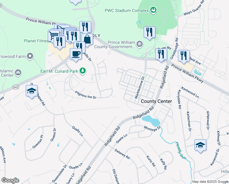 map of restaurants, bars, coffee shops, grocery stores, and more near 13070 Pilgrims Inn Drive in Woodbridge