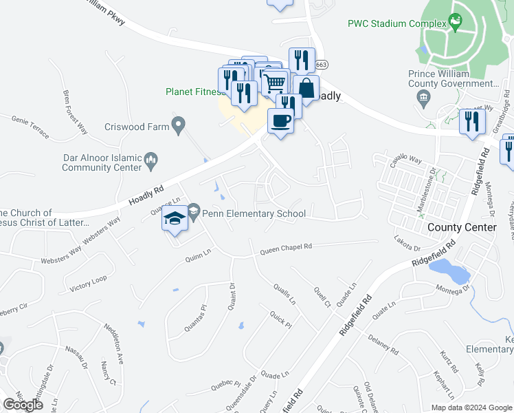 map of restaurants, bars, coffee shops, grocery stores, and more near 5175 Havering Way in Woodbridge