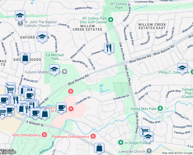 map of restaurants, bars, coffee shops, grocery stores, and more near 1005 Blue Ravine Road in Folsom