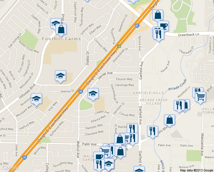 map of restaurants, bars, coffee shops, grocery stores, and more near 5244 Calistoga Way in Sacramento