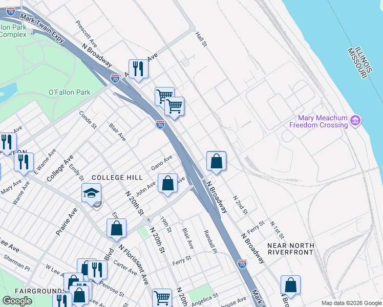 map of restaurants, bars, coffee shops, grocery stores, and more near 1100 East Gano Avenue in St. Louis