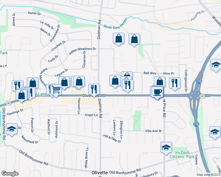 map of restaurants, bars, coffee shops, grocery stores, and more near 1115 Appleseed Lane in Olivette