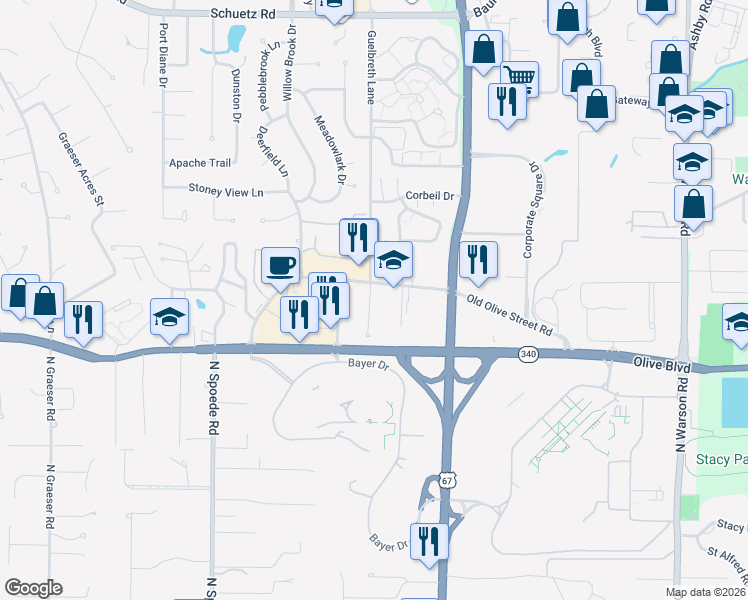 map of restaurants, bars, coffee shops, grocery stores, and more near 942 Guelbreth Lane in Creve Coeur