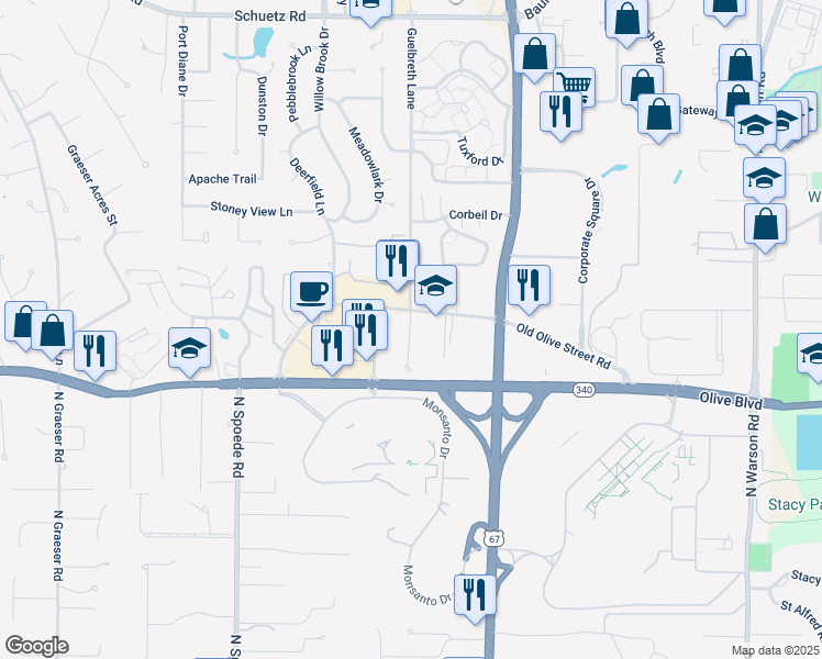 map of restaurants, bars, coffee shops, grocery stores, and more near 942 Guelbreth Lane in Creve Coeur