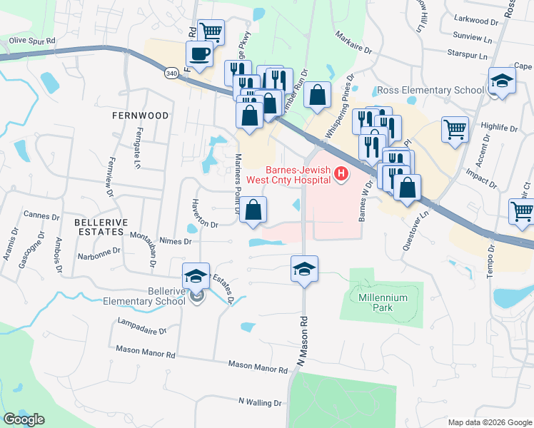map of restaurants, bars, coffee shops, grocery stores, and more near 1000 Executive Parkway Drive in Creve Coeur