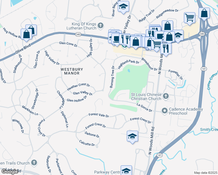 map of restaurants, bars, coffee shops, grocery stores, and more near 93 Burning Tree Drive in Chesterfield