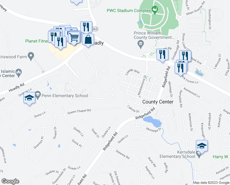 map of restaurants, bars, coffee shops, grocery stores, and more near 13070 Pilgrims Inn Drive in Woodbridge