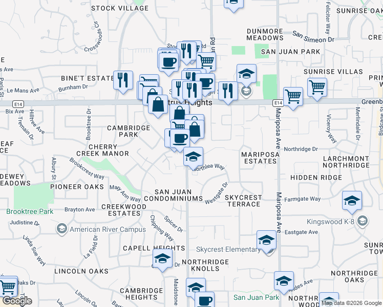 map of restaurants, bars, coffee shops, grocery stores, and more near 7416 Lucky Lane in Citrus Heights