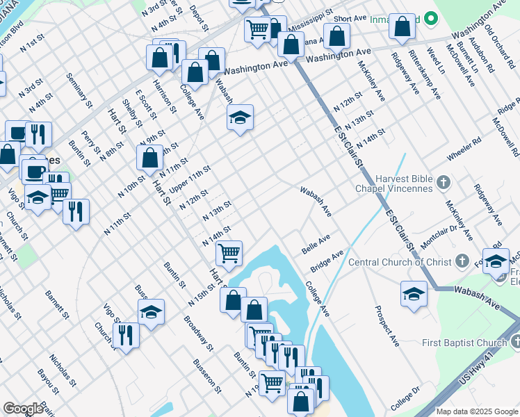map of restaurants, bars, coffee shops, grocery stores, and more near College Avenue in Vincennes