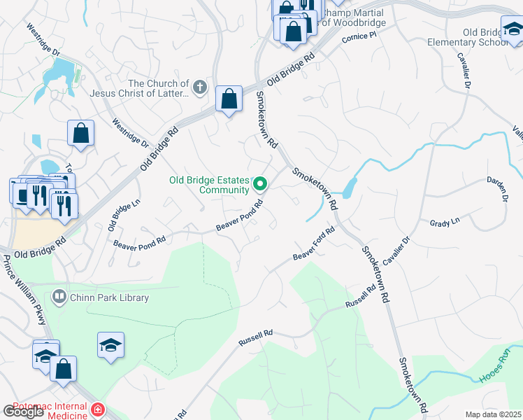 map of restaurants, bars, coffee shops, grocery stores, and more near 3657 Woodhaven Court in Woodbridge