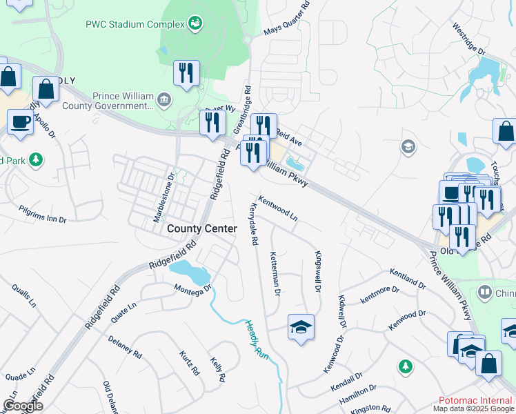 map of restaurants, bars, coffee shops, grocery stores, and more near 12803 Kerrydale Road in Woodbridge