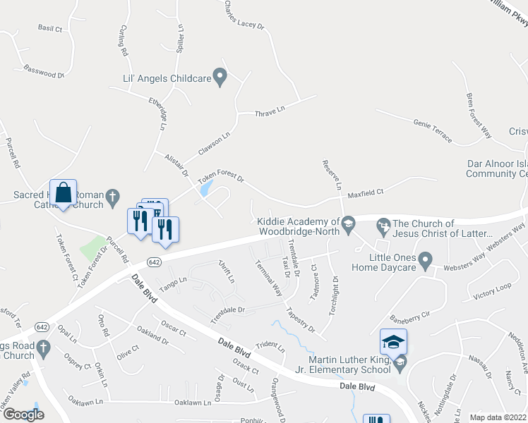 map of restaurants, bars, coffee shops, grocery stores, and more near 12808 O'Riley Court in Manassas